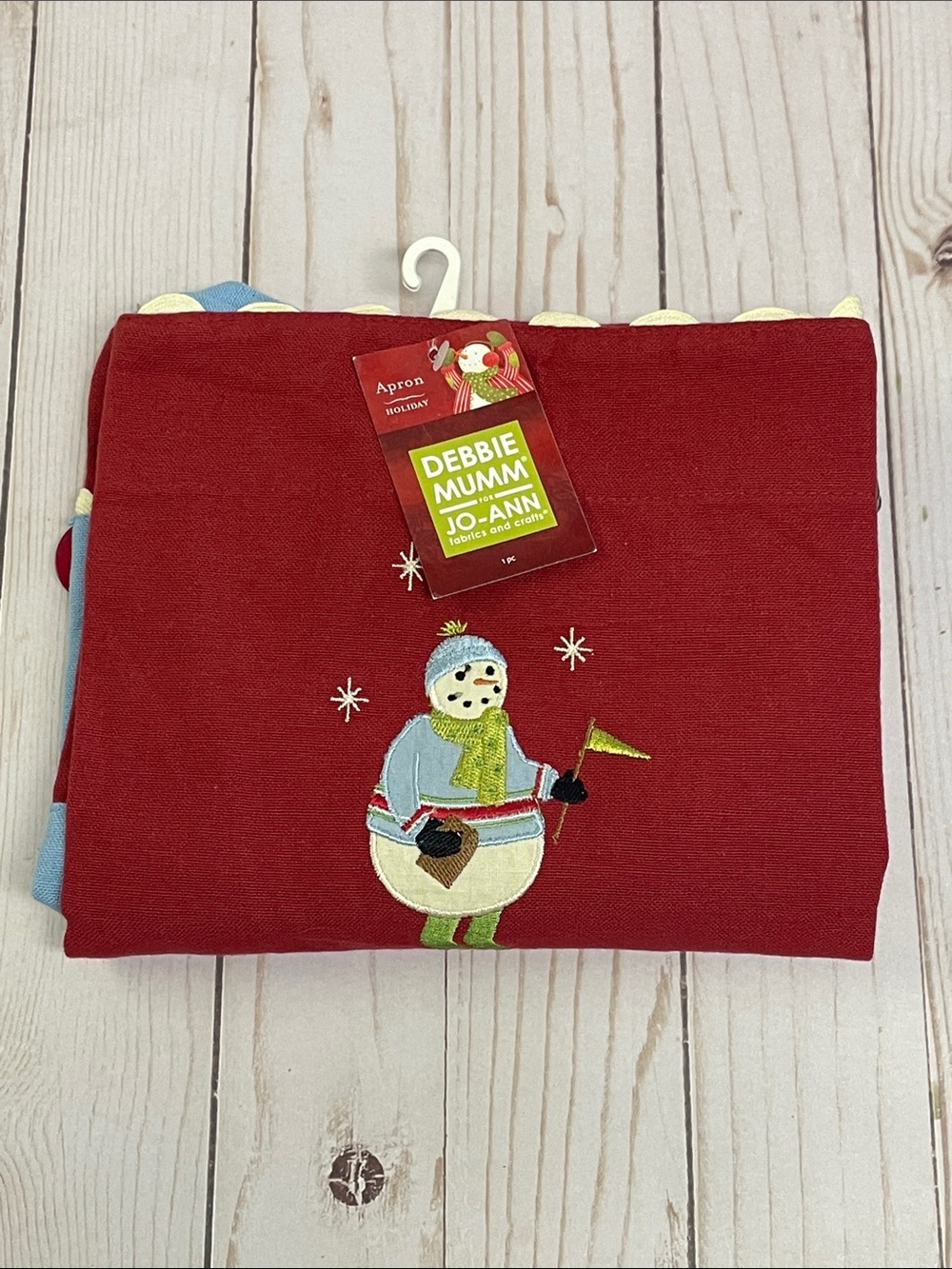 Christmas Debbie Mumm Snowman Red Hostess Apron Red Blue Rick Rack Holiday NEW